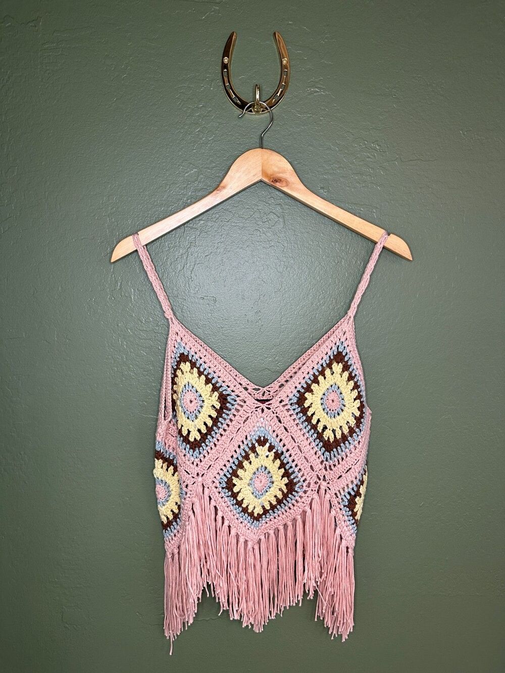 NWT Rock & Roll Denim womens large crochet fringe tank boho western festival top